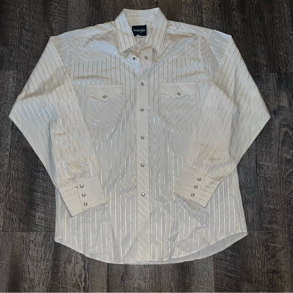 Vintage Wrangler Shirt Men's Large‎ Cream Pearl Snap Textured Silky